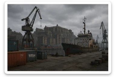 a screenshot of the game DayZ videogame, the city of "solitude" as seen in skyrim, modern evolution, industrial harbor at apartment blocks sticker