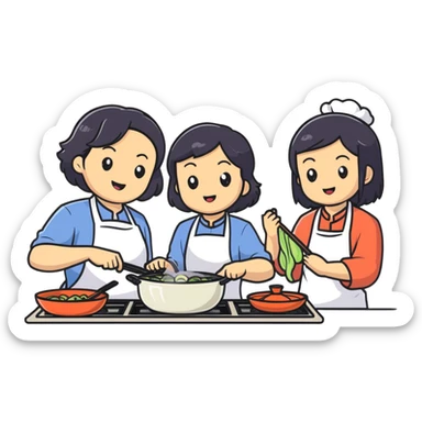 East Asian family with black hair cooking together in the kitchen sticker