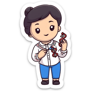 Ukrainian girl with dark hair in an embroidered traditional shirt holds a DNA molecule in her hand sticker