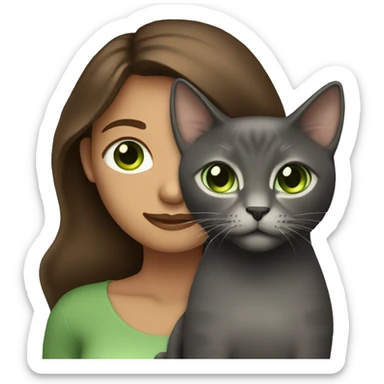  Woman with  long brown hair holding a Dark graycat with light green eyes sticker
