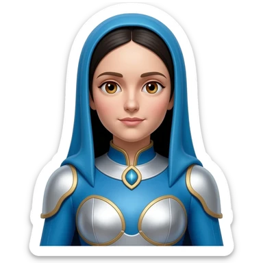 Mary, Mother of God from Christian Mythology with hazel eyes, long black hair, blue and white metallic outfit sticker