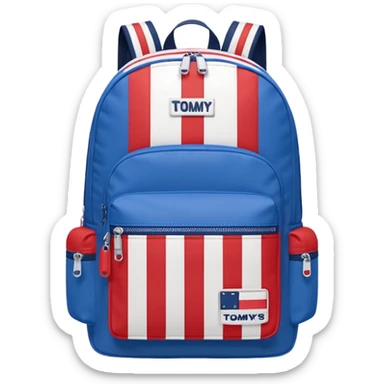 simple blue backpack, at the bottom pocket there is a  logo featuring a Tommy Jeans-inspired logo. The logo looks like a vertically one red, one white. The flag stripes are vertical, not horizontal. Flat

 sticker