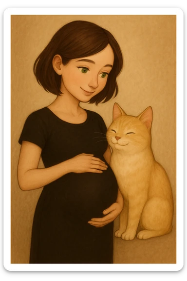Make the girl's hair a little bit longer and put her in a black tight dress, keep her pregnant, with green eyes and a blonde cat. Maintain the original style and details of the image. sticker