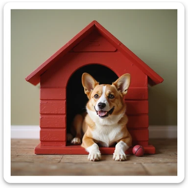 realistic red dog house with a Corgi dog inside, Corgi with a ball, photorealistic style sticker