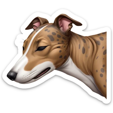 Meme-Worthy Cute Sleeping Brindle Greyhound Portrait Emoji, Head resting peacefully with a contented smile, showcasing a slender build and a luxuriously smooth brindle Fur, eyes shut in a serene nap, Simplified yet hilariously adorable features, highly detailed, glowing with a soft, drowsy light, high shine, relaxed and utterly lovable, stylized with an air of playful laziness, bright and heartwarming, soft glowing outline, capturing the essence of a comically sleepy racer, so meme-worthy it feels like it could instantly become the next viral sensation of adorable slumber! sticker