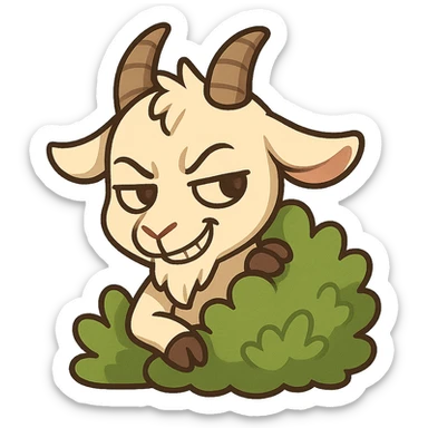 chibi goat, mischievous, peeking from behind a bush, sly grin, simple background sticker