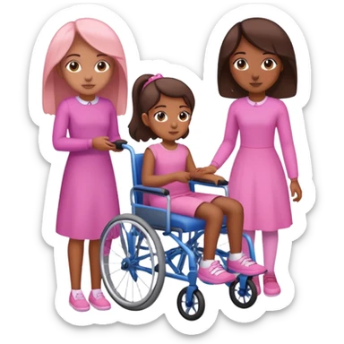 One tan skin sister standing behind her brown skin sister in a pink wheelchair sticker