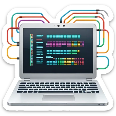 An icon featuring a laptop screen with colorful lines of code, brackets, and a blinking cursor, symbolizing programming. The design includes flowcharts, gear icons, and binary code, representing software development and logical problem-solving. Transparent background highlights the world of coding. sticker