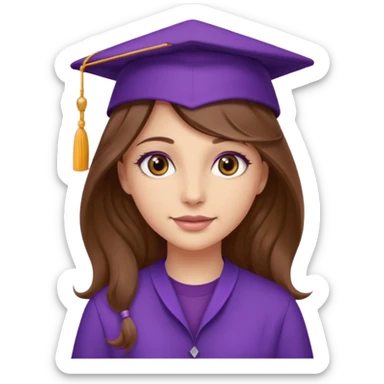 beautiful  woman normal skin with more wavy long brown over shoulder  hair and hazel eyes with purple school hat sticker