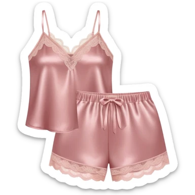 Dusty pink satin pajama shorts and camisole set with lace trim  sticker