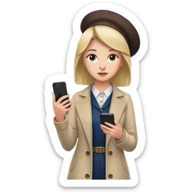 a young woman standing inside a modern train carriage. She is holding a vertical pole with one hand while looking at her smartphone in the other. sticker