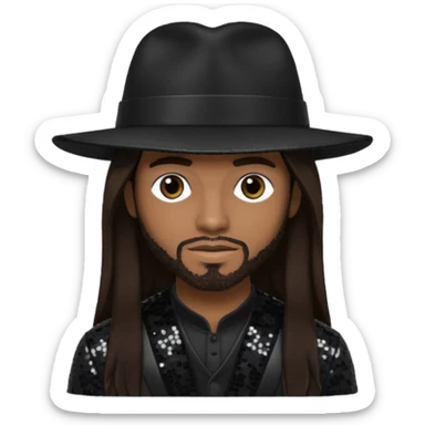 Ahmad "Real" Givens with long dark brown hair, black sequin outfit, black hat sticker