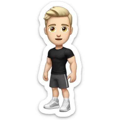 Confused Pale skinned Fit Man With the biceps and dark brown hair in black shirt, gray sports shorts and white Sneakers sticker