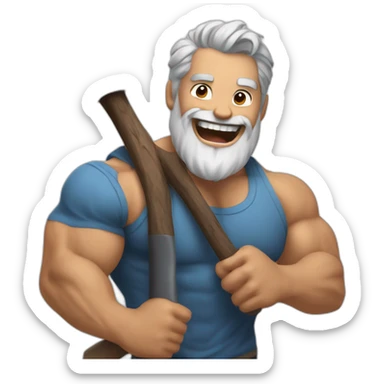 A stern bearded man, gray hair in dark hair, a bodybuilder, Holding an axe in his hands, Laughing loudly sticker