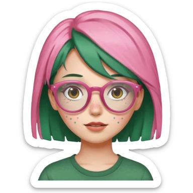 a girl with pink glasses, brownish green hair and freckles sticker
