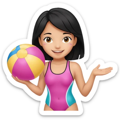 Hawaiian girl with black hair with pink highlights and a swimsuit, with beach ball sticker