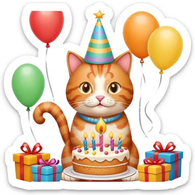 Ginger tabby cat celebrating birthday, birthday hat, birthday cake, balloons, happy, gifts sticker