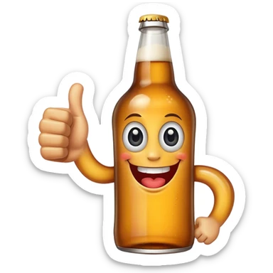 A beer bottle with a big smile and expressive eyes giving a thumbs-up sticker