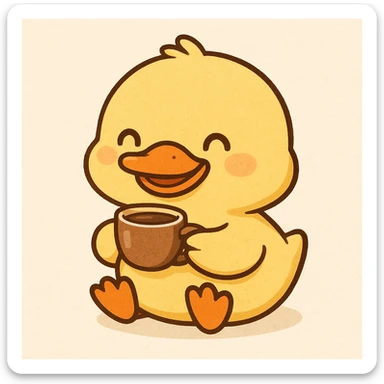 cute duck holding a small cup and drinking coffee, smiling expression sticker