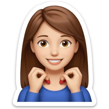 A girl with brown hair holding her neck while smiling  sticker