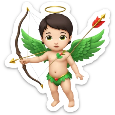 cupid asian baby flying full body with wings with brown eyes and dark hair handled bow and arrow directed to green emoji heart sticker
