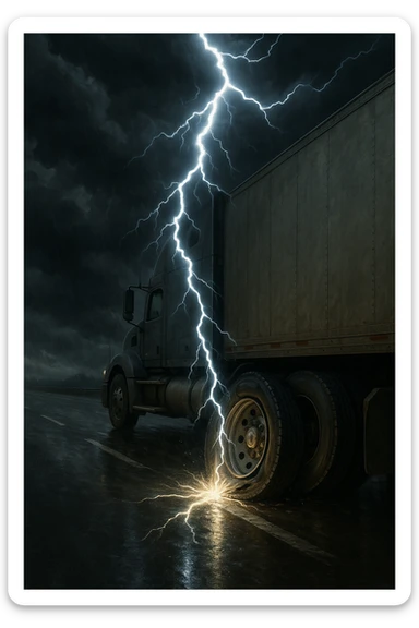 a flat tire from a semi truck on the highway, dramatic lightning bolt hitting it, realistic illustration sticker