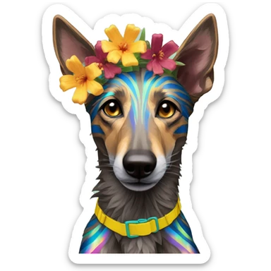  brindle brown black maroon striped lurcher Alsatian fox running blue eyes and iridescent holographic oilslick harness wearing paper iridescent tropical flower crown yellow caution tape sticker