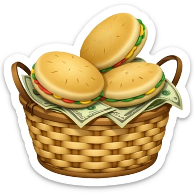 baskets, some overflowing with money, others with colombian arepas sticker