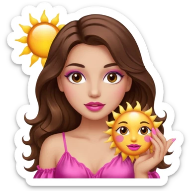 girl with long wavy brown hair, brown eyes, long lashes makeup, sexy pink lips, light to medium complexion, wearing a pink sexy silk top, holding the sun icon  sticker