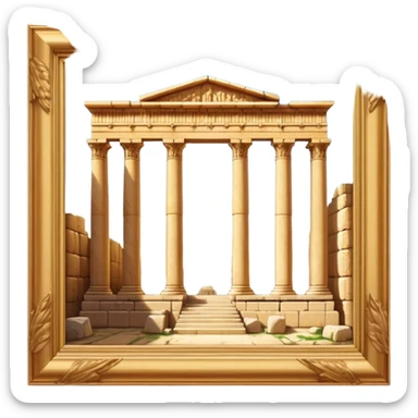 Baalbek temple – Cinematic Realistic Baalbek Temple, depicted as an ancient Roman temple complex with towering columns and intricately carved stone details, bathed in golden sunlight and dramatic shadows that evoke timeless historical grandeur. sticker
