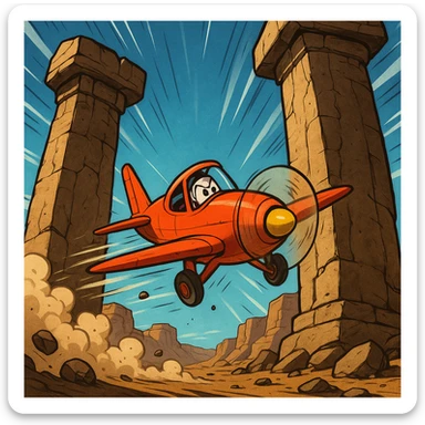 a cartoon plane zooming toward two massive stone pillars, action-packed sticker