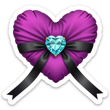 "A heart-shaped velvet cushion tied with a silky black ribbon and adorned with a sparkling gem centerpiece."
 sticker