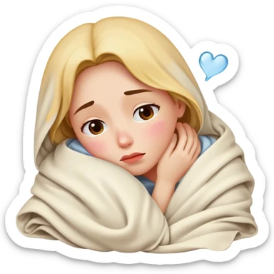 A woman wrapped in a blanket, hugging a pillow, tears on her cheeks, a broken heart floating above her head. sticker