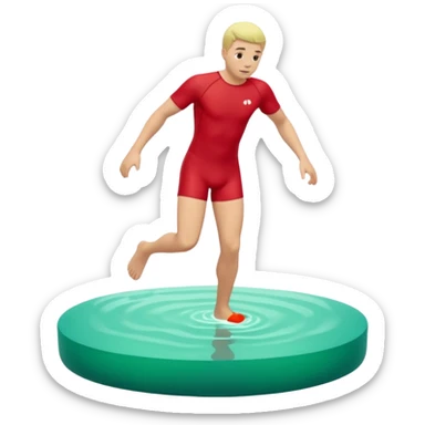 Create a minimalistic 3D emoji-style icon in a modern iPhone-like emoji aesthetic. Glossy rounded 3D surfaces, soft reflections, white background. Theme: Ice bathing in a natural pool. Show a simplified natural pool with green-tinted water and a stylized neutral figure stepping into the cold water. sticker