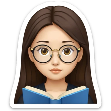 pretty asian girl reading a blue book black top gold glasses long brown hair sticker