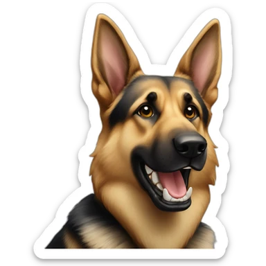 German Shepherd dog with a tooth that is visibly misaligned and protruding from its mouth on the left side sticker