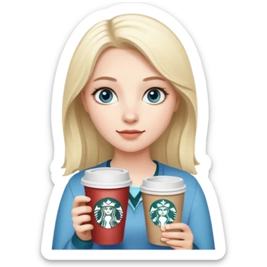 Crete an emoji as an white blonde girl with gra blue eyes holding a coffe from Starbucks  sticker