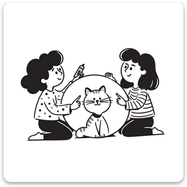 two girls and a cat drawing an emoji, hand-drawn doodle style sticker