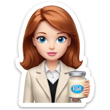 A Barbie girl with blue eyes, shoulder-length reddish-brown hair, made-up, in a white tweed jacket and black skirt, holding a jar of pale beige face cream sticker