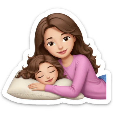 girl with wavy long brown hair, brown eyes, light to medium complexion, long lashes, light pink lipstick, smiling, wearing light pink shirt, sleeping on a cozy pillow sticker