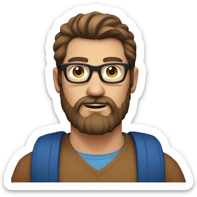 Heavy caucasian young dad, with a blue shirt, with a big brown beard and black rectangle glasses and brown hair  sticker