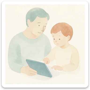 parent and child using a tablet, watercolor art style, gentle colors, soft edges sticker