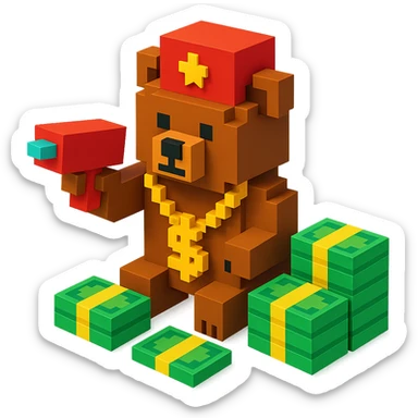 Russian grizzly bear with a rapper chain and a money gun, surrounded by stacks of money sticker