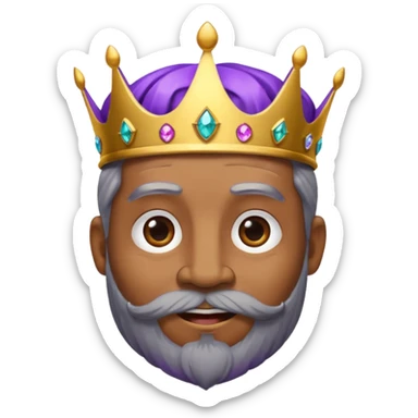 Create a cartoon-style emoji of Baltasar, one of the Three Wise Men. Only show his face and crown. He is older, with a black beard showing streaks of gray, joyful wrinkles, and a purple and gold jeweled crown. Express warmth and wisdom. Colorful and simple, suitable as an emoji. sticker
