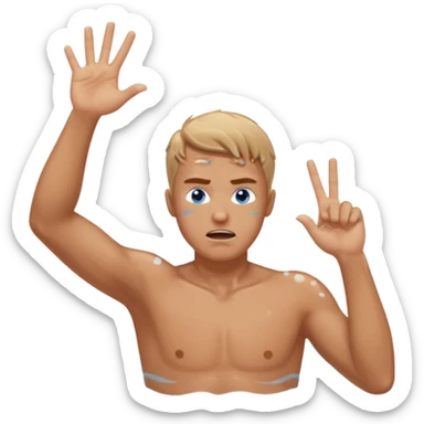 man with anger in swimming pool open arms and finger up on air sticker