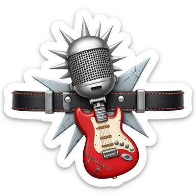 Create a powerful and dynamic humanless emoji representing rock vocals. The design should feature a classic vintage microphone with a rugged, distressed look, surrounded by elements like a guitar pick, electric guitar neck, and sound waves to reflect the raw energy of rock music. Add subtle details such as a spiked bracelet, leather textures, or bold lightning bolts to evoke the rebellious and intense spirit of rock. Use dark, edgy colors like black, red, silver, and metallic accents to emphasize the fierce, loud, and passionate nature of rock vocals. The background should be transparent. sticker