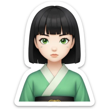 Japanese girl with short black hair and bangs, wearing a Jirai Kei outfit, green eyes, close-up face sticker