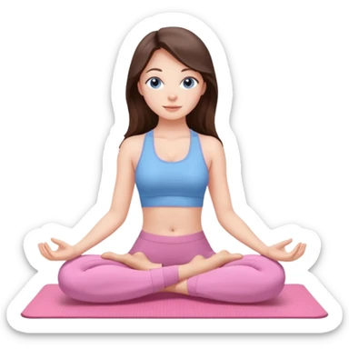 Brunette long hair and blue blue eyes yoga beautiful girl in light pink pink pink clothes sitting on a yoga mat sticker