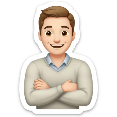 Man laughing with arms crossed around his neck sticker