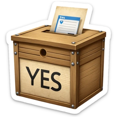 Vote box with "yes but" aber' written on the front and paper entering the top slot sticker